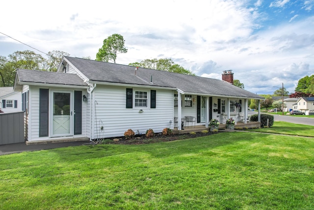 91 Parklawn Dr, Waterbury, CT 06708 - ranch-style house with a porch, a front lawn, a chimney, and roof with shingles