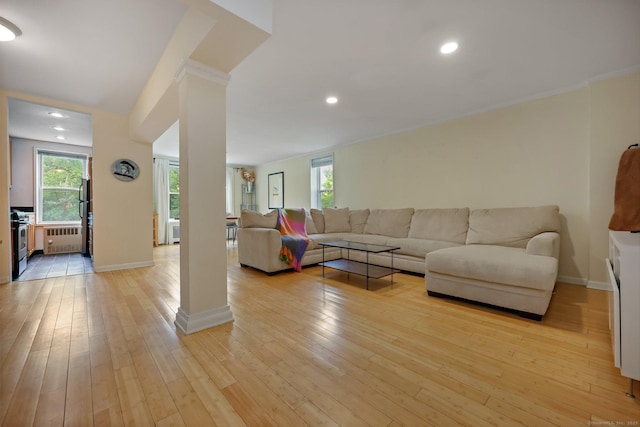 7 4th St Unit 1C, Stamford, CT 06905 - living room with radiator, decorative columns, plenty of natural light, light wood-style floors, and recessed lighting