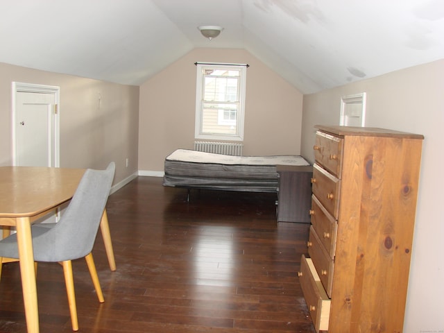 566 Savoy St, Bridgeport, CT 06606 - bedroom featuring radiator, dark wood-style flooring, lofted ceiling, and baseboards