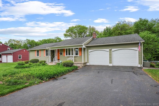 154 Sims Rd, Bristol, CT 06010 - ranch-style house featuring driveway, an attached garage, a chimney, and covered porch