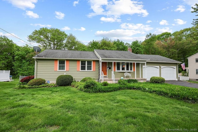 154 Sims Rd, Bristol, CT 06010 - ranch-style home with an attached garage, driveway, a front lawn, and a chimney