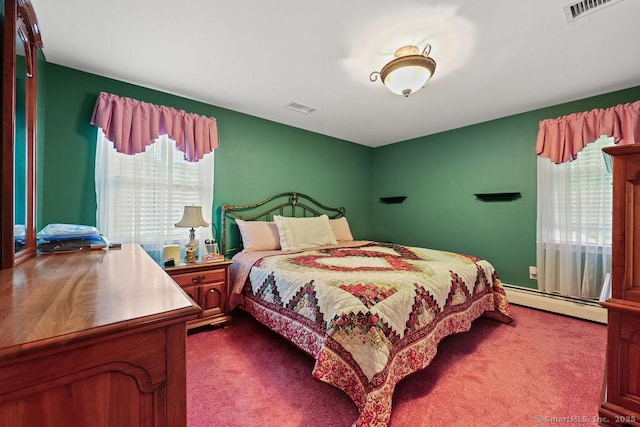 154 Sims Rd, Bristol, CT 06010 - bedroom featuring a baseboard radiator, dark carpet, and multiple windows