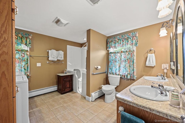 154 Sims Rd, Bristol, CT 06010 - bathroom featuring a baseboard radiator, tile patterned floors, toilet, and double vanity