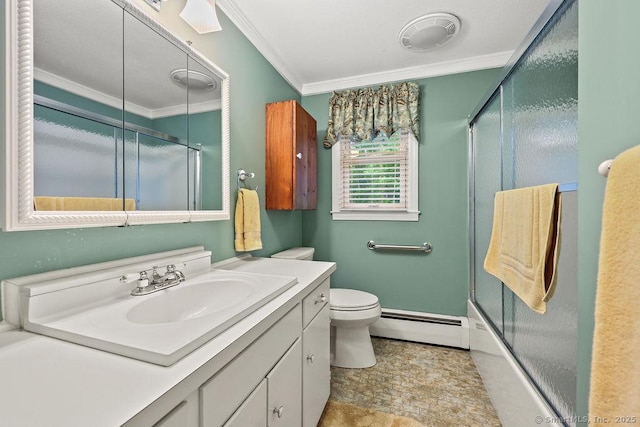 154 Sims Rd, Bristol, CT 06010 - bathroom with a baseboard radiator, crown molding, vanity, toilet, and shower / bath combination with glass door