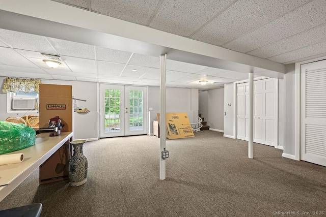 154 Sims Rd, Bristol, CT 06010 - basement with a drop ceiling, carpet floors, baseboards, and cooling unit