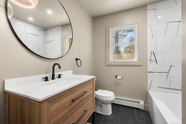 132 Bailey Pond Rd, Voluntown, CT 06384 - bathroom with baseboard heating, toilet, vanity, and tile patterned flooring