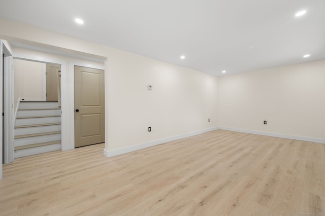 132 Bailey Pond Rd, Voluntown, CT 06384 - basement with stairway, light wood finished floors, baseboards, and recessed lighting