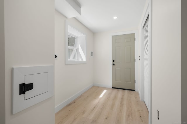 132 Bailey Pond Rd, Voluntown, CT 06384 - doorway with light wood-type flooring, baseboards, and recessed lighting