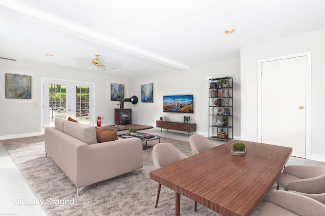 10 Spoonville Rd, East Granby, CT 06026 - living area with french doors, beam ceiling, baseboards, a ceiling fan, and recessed lighting
