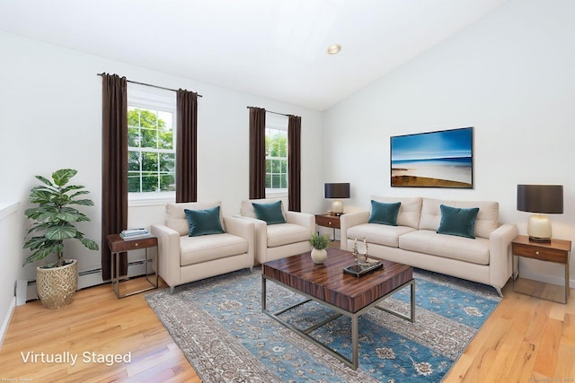 10 Spoonville Rd, East Granby, CT 06026 - living room featuring wood finished floors, vaulted ceiling, a baseboard radiator, and baseboard heating