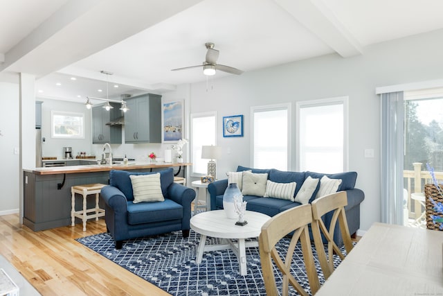 276 Niantic River Rd, Waterford, CT 06385 - living area with beam ceiling, light wood-style floors, a ceiling fan, and recessed lighting