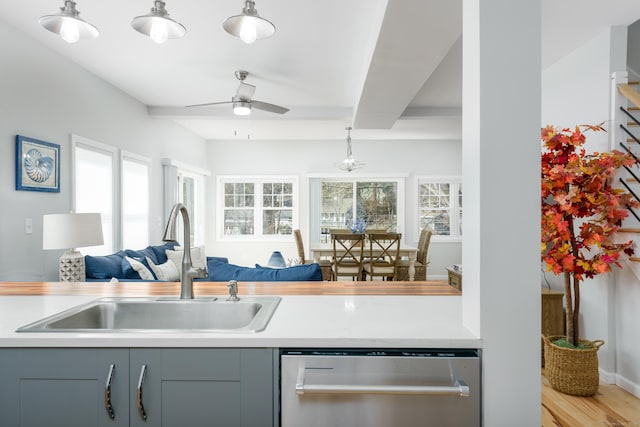 276 Niantic River Rd, Waterford, CT 06385 - kitchen with dishwasher, gray cabinetry, open floor plan, and ceiling fan