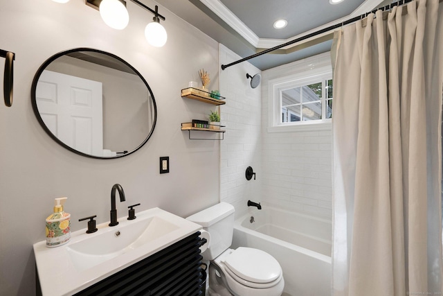 bathroom with toilet, shower / bathtub combination with curtain, crown molding, and vanity
