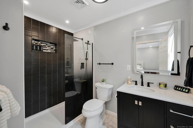 bathroom featuring toilet, tiled shower, vanity, marble look tile flooring, and baseboards