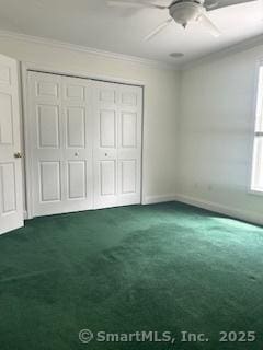 6 Aspen Way, Bristol, CT 06010 - unfurnished bedroom with dark carpet, crown molding, a closet, baseboards, and a ceiling fan