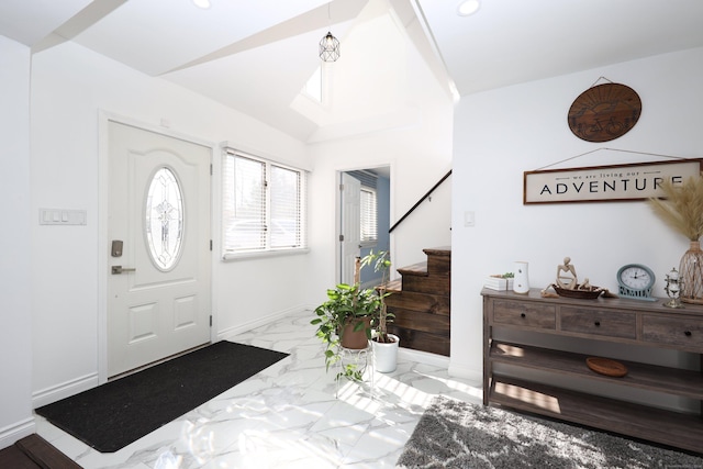 2 Apple Hill Rd, Wolcott, CT 06716 - foyer featuring stairs, light marble finish flooring, recessed lighting, and vaulted ceiling