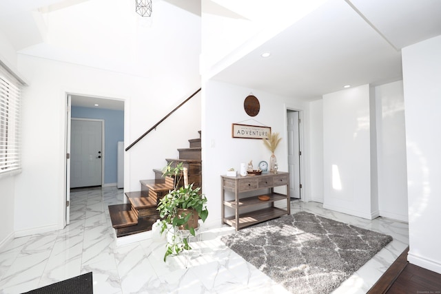 2 Apple Hill Rd, Wolcott, CT 06716 - entryway with stairs, marble finish floors, baseboards, and recessed lighting