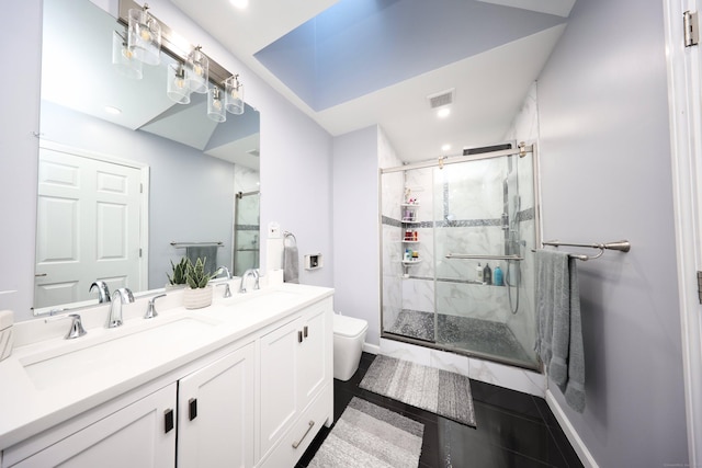 2 Apple Hill Rd, Wolcott, CT 06716 - full bath featuring toilet, a stall shower, baseboards, double vanity, and recessed lighting