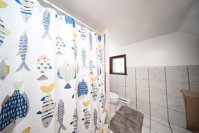 2 Apple Hill Rd, Wolcott, CT 06716 - full bath featuring tile walls, a baseboard heating unit, toilet, a shower with curtain, and wainscoting