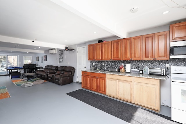 2 Apple Hill Rd, Wolcott, CT 06716 - kitchen with stainless steel microwave, white electric range oven, tasteful backsplash, concrete floors, and beam ceiling