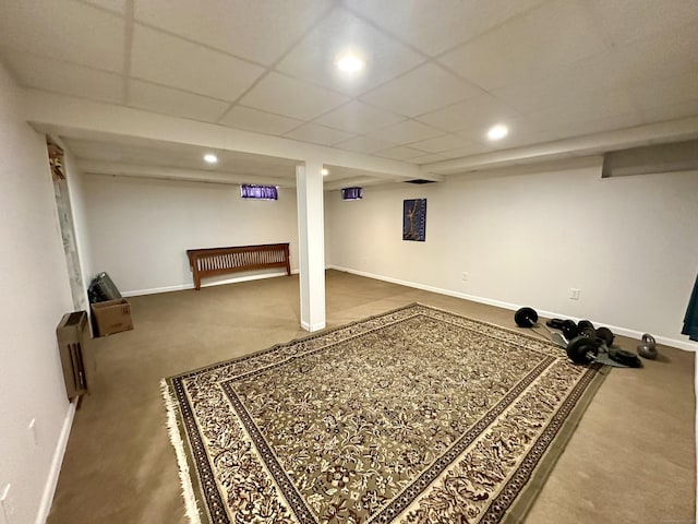 260 W Center St, Southington, CT 06489 - finished below grade area with carpet, baseboards, recessed lighting, and a paneled ceiling