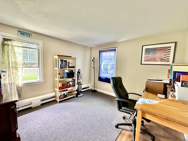 260 W Center St, Southington, CT 06489 - office area with healthy amount of natural light, dark carpet, a baseboard radiator, and baseboards
