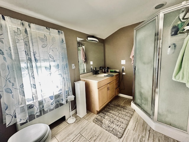 260 W Center St, Southington, CT 06489 - full bathroom featuring a shower stall, lofted ceiling, vanity, toilet, and baseboards