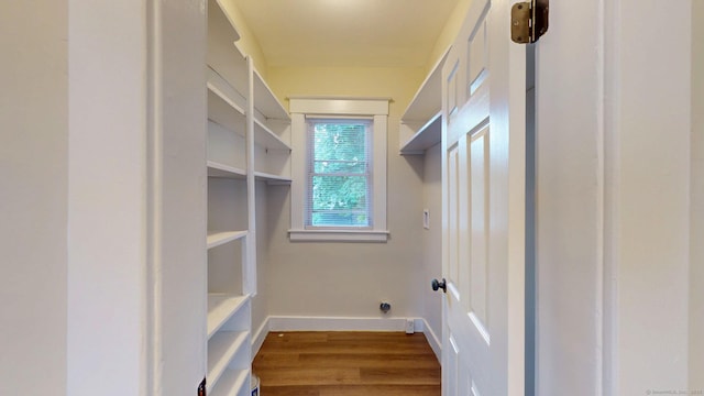walk in closet with wood finished floors