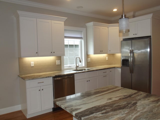 94 Stonehouse Rd Unit 16, Coventry, CT 06238 - kitchen with appliances with stainless steel finishes, a sink, white cabinets, crown molding, and recessed lighting