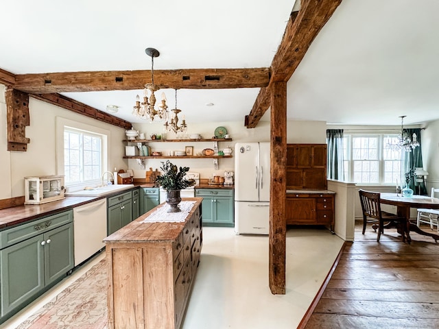 49 Bennett Pond Rd, Canterbury, CT 06331 - kitchen with green cabinetry, a chandelier, white appliances, healthy amount of natural light, and beamed ceiling