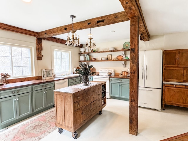 49 Bennett Pond Rd, Canterbury, CT 06331 - kitchen featuring white appliances, wooden counters, beamed ceiling, green cabinets, and open shelves