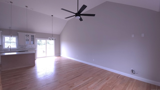 40 Yorktown Rdg, Waterbury, CT 06704 - unfurnished living room featuring high vaulted ceiling, a chandelier, a sink, light wood-style flooring, and ceiling fan