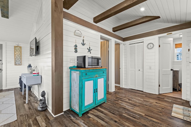 74 Chalker Beach Rd, Old Saybrook, CT 06475 - living room featuring dark wood-style flooring, wooden ceiling, and wood walls