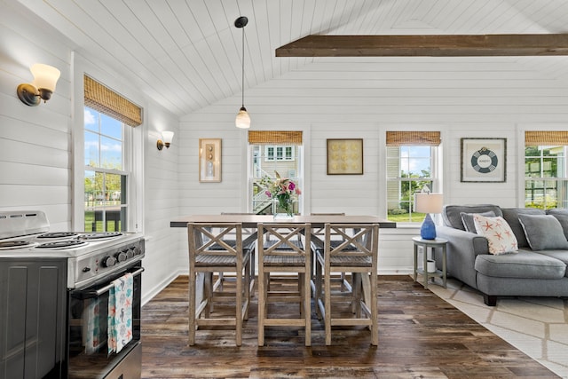 74 Chalker Beach Rd, Old Saybrook, CT 06475 - dining area featuring dark wood-type flooring, plenty of natural light, and wooden walls