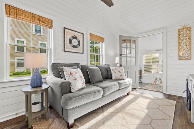 74 Chalker Beach Rd, Old Saybrook, CT 06475 - living area featuring lofted ceiling, dark wood-type flooring, wood walls, and wood ceiling