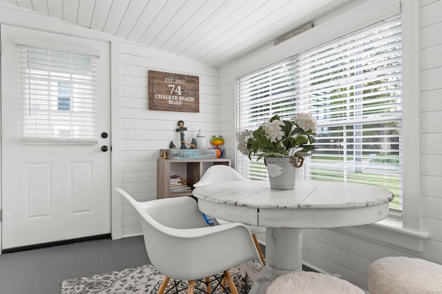 74 Chalker Beach Rd, Old Saybrook, CT 06475 - dining space featuring wood walls and wood ceiling