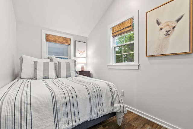 74 Chalker Beach Rd, Old Saybrook, CT 06475 - bedroom featuring dark wood-style flooring, vaulted ceiling, and baseboards