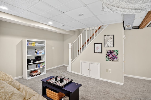 49 Bear Hills Rd, Newtown, CT 06470 - living area with carpet, stairs, a drop ceiling, and recessed lighting