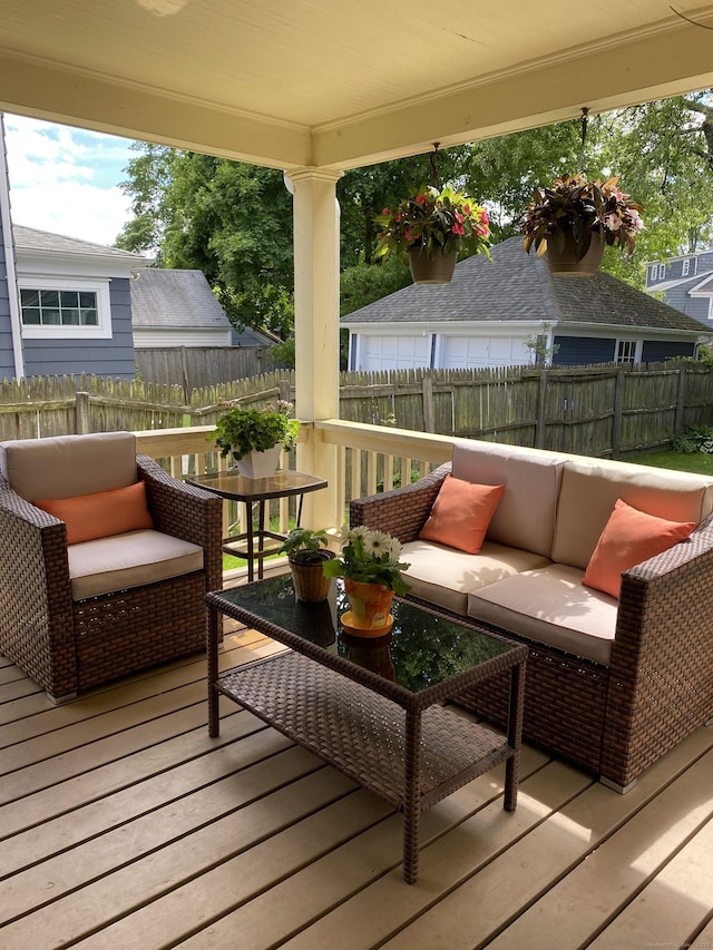 1248 Valley Rd, Fairfield, CT 06825 - wooden terrace featuring outdoor lounge area and a fenced backyard