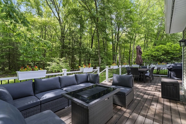 8A Russett Rd, Newtown, CT 06482 - wooden terrace with outdoor dining area, an outdoor hangout area, a grill, and a forest view