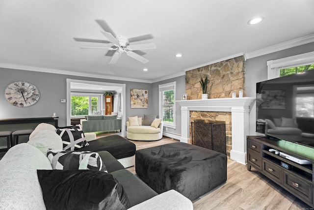 8A Russett Rd, Newtown, CT 06482 - living area with a baseboard heating unit, ceiling fan, recessed lighting, light wood-style floors, and ornamental molding