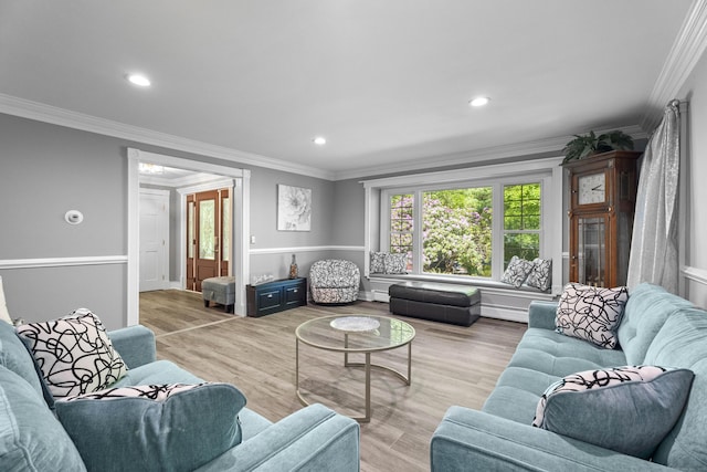 8A Russett Rd, Newtown, CT 06482 - living area featuring crown molding, a baseboard radiator, recessed lighting, and wood finished floors