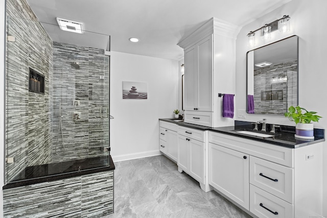 8A Russett Rd, Newtown, CT 06482 - bathroom with a stall shower, vanity, marble finish flooring, recessed lighting, and baseboards