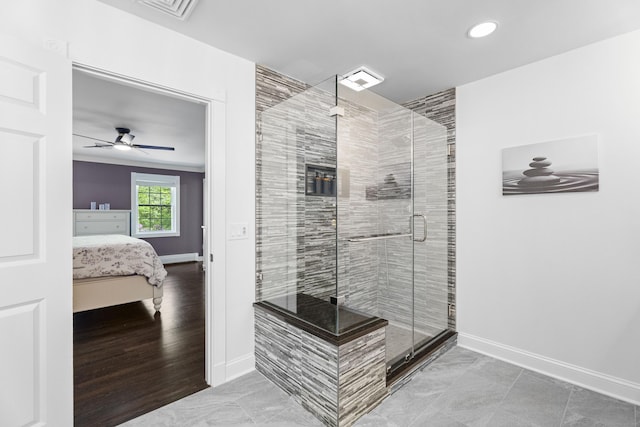 8A Russett Rd, Newtown, CT 06482 - full bathroom featuring connected bathroom, a stall shower, baseboards, recessed lighting, and a ceiling fan