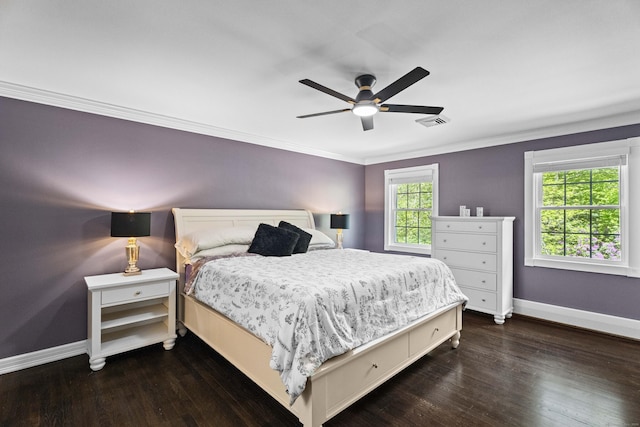 8A Russett Rd, Newtown, CT 06482 - bedroom featuring baseboards, dark wood-type flooring, ornamental molding, and ceiling fan
