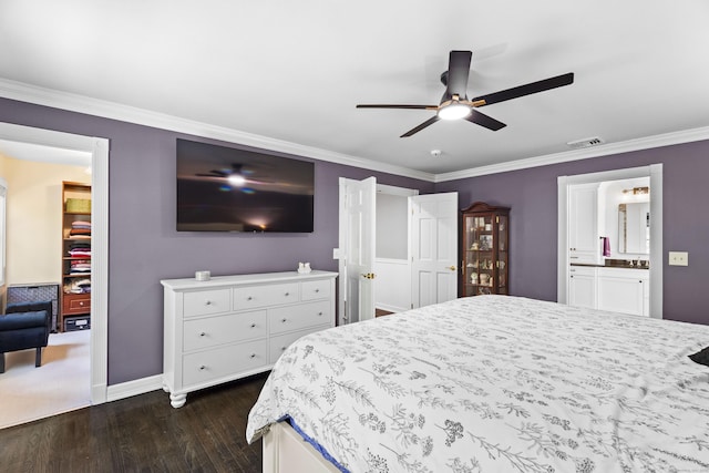 8A Russett Rd, Newtown, CT 06482 - bedroom with dark wood-style flooring, ornamental molding, baseboards, a ceiling fan, and connected bathroom
