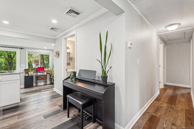 288 Robbins Ave, Newington, CT 06111 - hall featuring attic access, wood finished floors, ornamental molding, baseboards, and recessed lighting