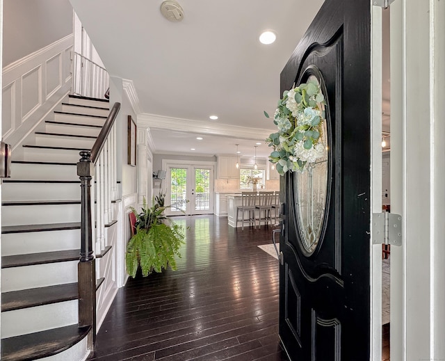 130 Wildewood Run, Bristol, CT 06010 - foyer entrance featuring stairway, dark wood-type flooring, ornamental molding, and recessed lighting
