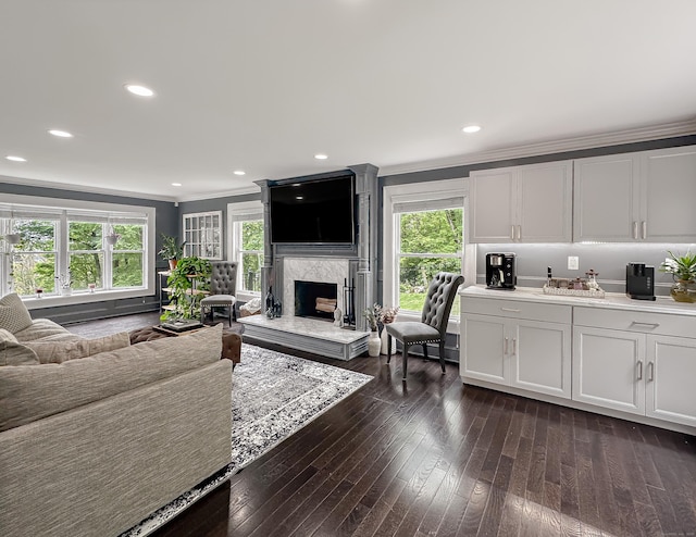 130 Wildewood Run, Bristol, CT 06010 - living room with healthy amount of natural light, crown molding, a fireplace, dark wood finished floors, and recessed lighting