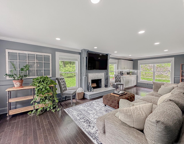130 Wildewood Run, Bristol, CT 06010 - living room featuring ornamental molding, healthy amount of natural light, a high end fireplace, dark wood-style flooring, and recessed lighting